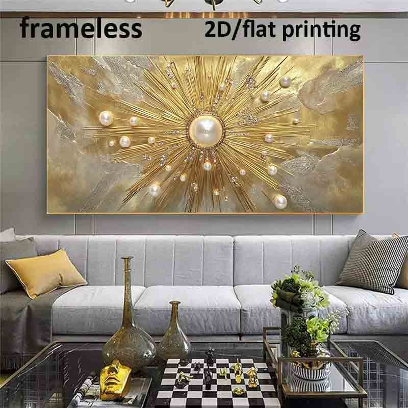 1pc Large Modern Golden Pearl Sunburst Wall Art - Frameless HD Canvas Poster 39.37"x78.74" (100x200cm) Golden Burst Painting for Living Room, - Luxury Contemporary Holiday Gift Suitable for Christmas, Halloween
