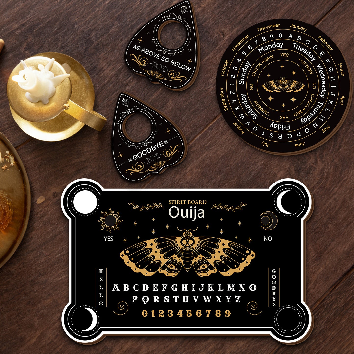 4 PCS Set Wooden Ouija Board Set - Mystical Psychic Device with Butterfly Core, Wooden Tabletop Divination Kit, Mysterious Farmhouse Decor, Suitable for Divination, Meditation, and Fortune Telling. No Batteries Required/Easy
