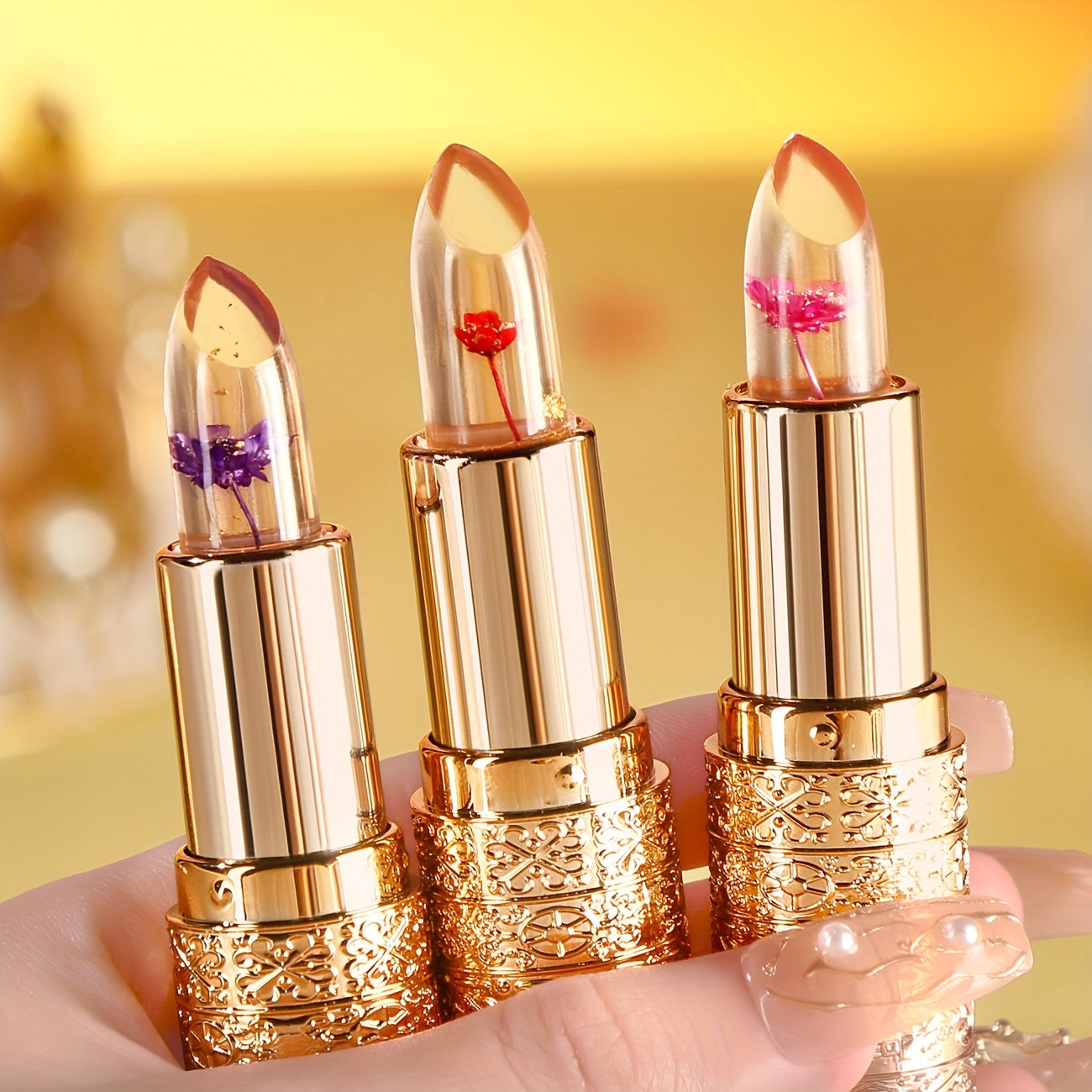 3 PCS Set of Petal-Shaped Color-Changing Jelly Lipsticks, Long-lasting Moisturizing and Fade-Resistant Lipsticks Women Female Make Up Accessories Korean Cosmetic Supplies