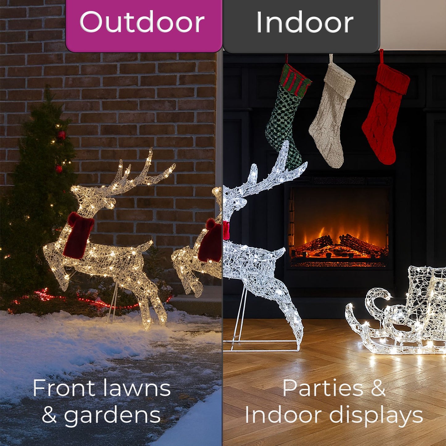 Neo 240 LED Christmas Sleigh Reindeer Outdoor Decoration Warm Bright White Mixed Light Effects Timer 65cm Reindeers Weatherproof Frame 6 Ground Hooks Included