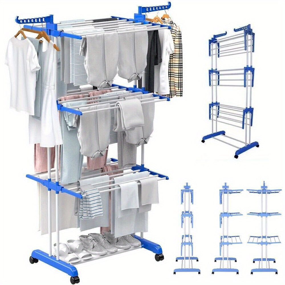 NEW Extra Large 4-Tier Foldable Clothes Airer - Durable Steel & Plastic Laundry Dryer Rack with Wheel Stoppers, Ideal for Indoor/Outdoor Use, Dries Clothes, Towels, Bedding - Easy Assembly, Blue