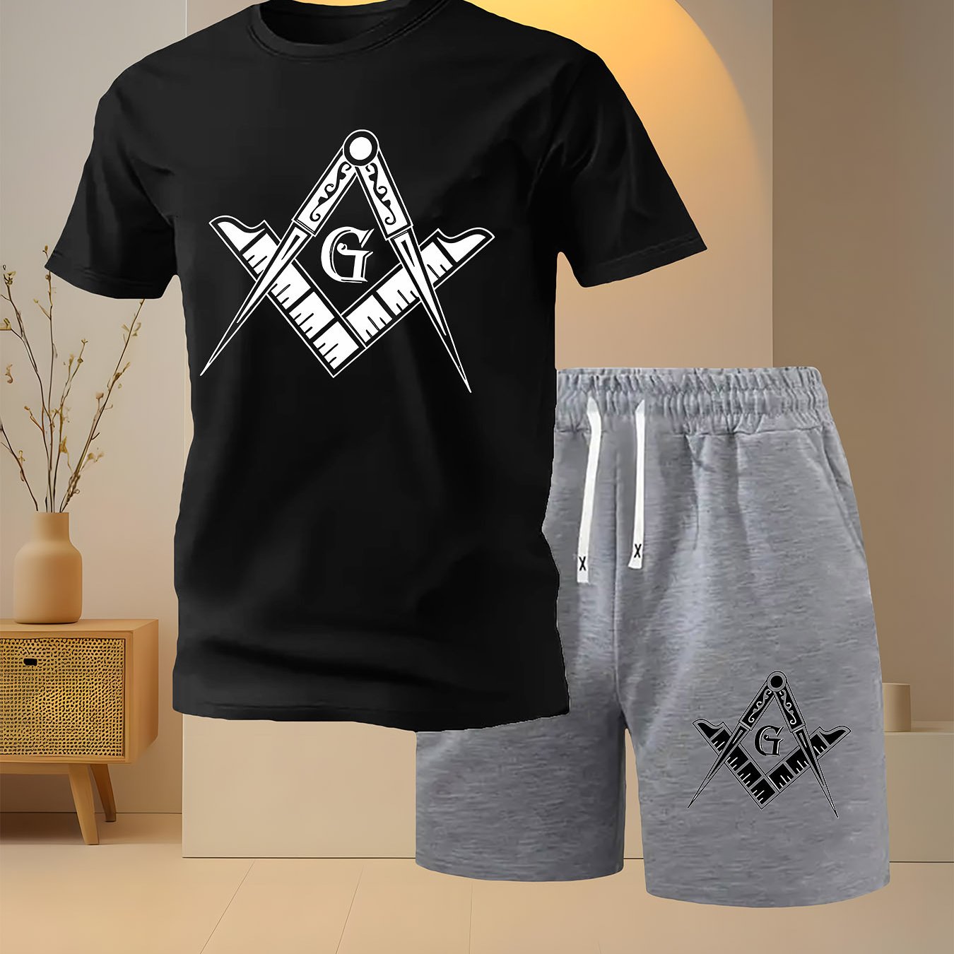 2 PCS Set Freemasonry Logo Print Men's Fashion Casual, Round Neck Short Sleeve T-Shirt and Drawstring Shorts Spring Summer Sportswear Outfit