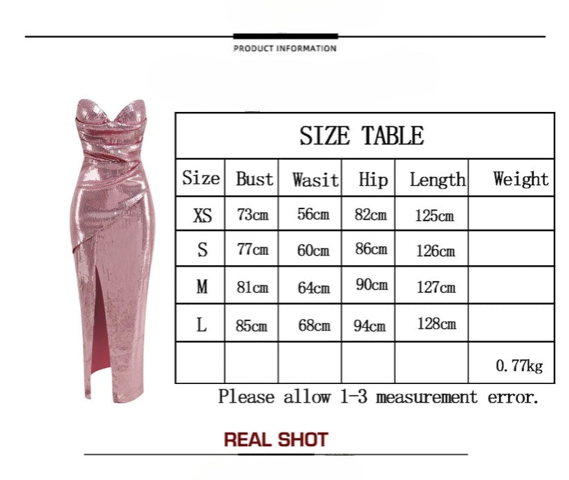 Sequined strapless evening gown in rose color with a thigh slit, Women's sexy sequin open back lace up dress long style