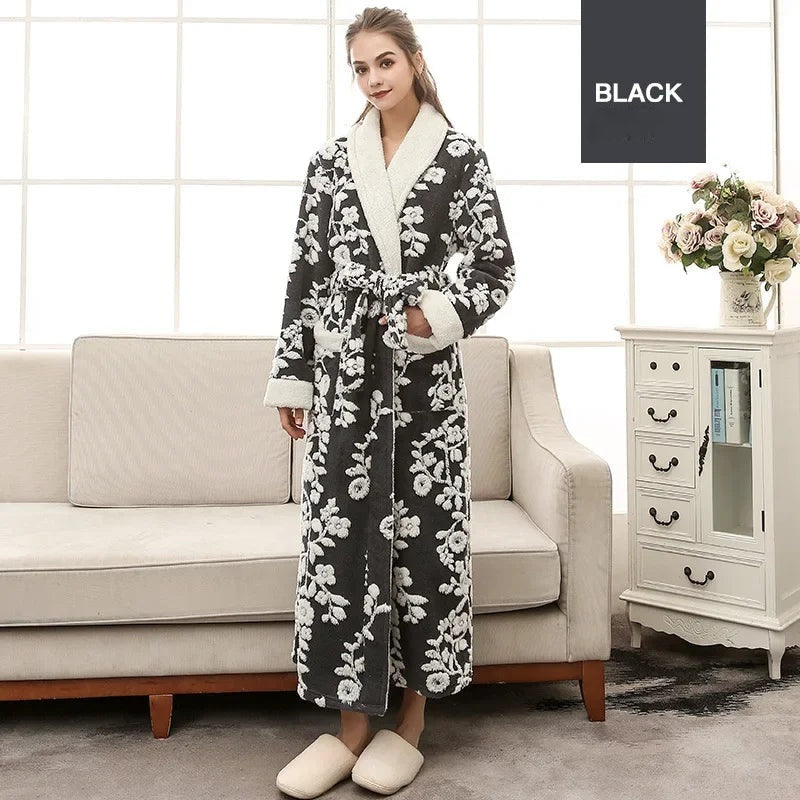 Winter Warm Coral Fleece Long Robe Couple Sleepwear Thick Flannel Jacquard Bathrobe Nightwear Loose Casual Homewear Lounge Wear