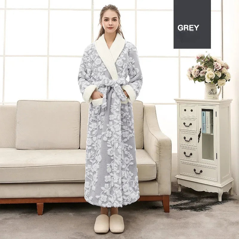 Winter Warm Coral Fleece Long Robe Couple Sleepwear Thick Flannel Jacquard Bathrobe Nightwear Loose Casual Homewear Lounge Wear