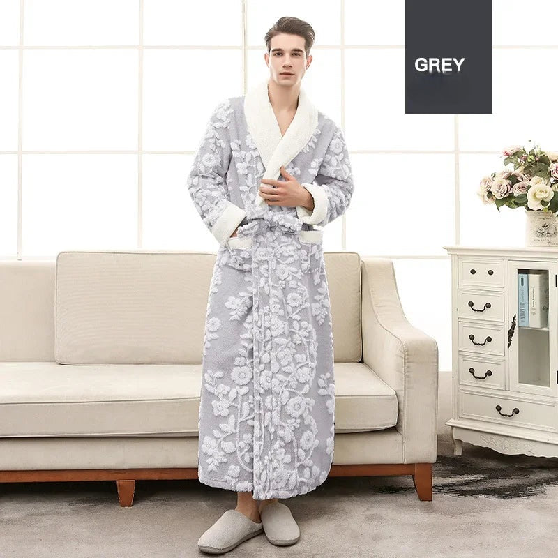Winter Warm Coral Fleece Long Robe Couple Sleepwear Thick Flannel Jacquard Bathrobe Nightwear Loose Casual Homewear Lounge Wear