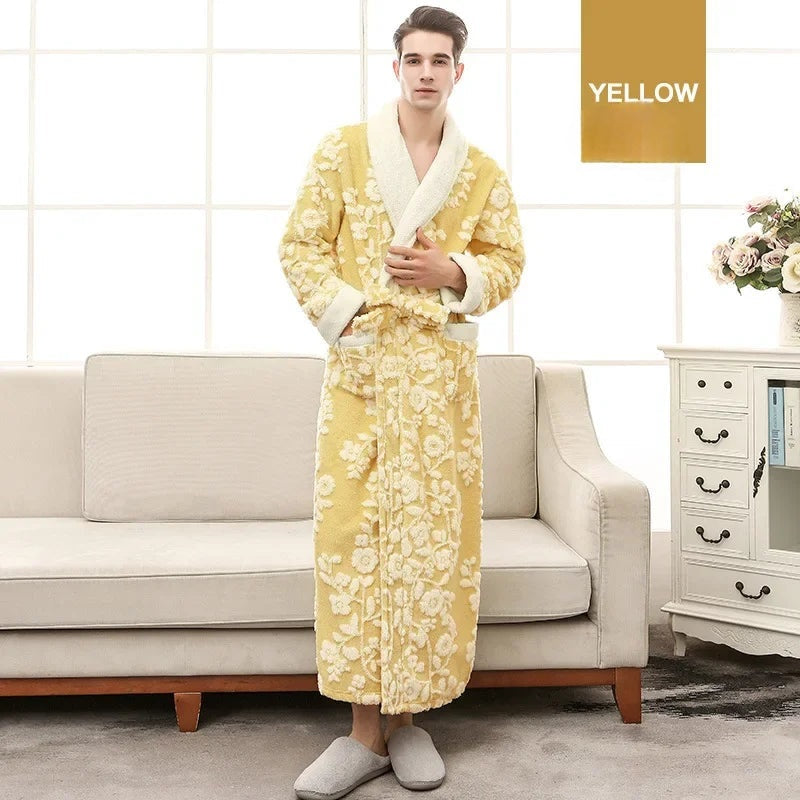 Winter Warm Coral Fleece Long Robe Couple Sleepwear Thick Flannel Jacquard Bathrobe Nightwear Loose Casual Homewear Lounge Wear