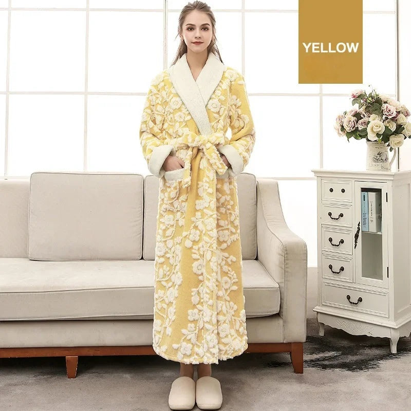Winter Warm Coral Fleece Long Robe Couple Sleepwear Thick Flannel Jacquard Bathrobe Nightwear Loose Casual Homewear Lounge Wear