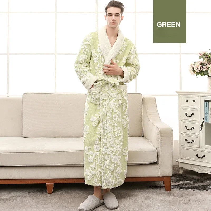 Winter Warm Coral Fleece Long Robe Couple Sleepwear Thick Flannel Jacquard Bathrobe Nightwear Loose Casual Homewear Lounge Wear
