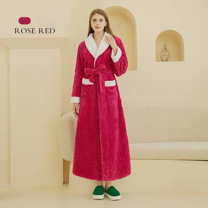 Winter Warm Coral Fleece Long Robe Couple Sleepwear Thick Flannel Jacquard Bathrobe Nightwear Loose Casual Homewear Lounge Wear