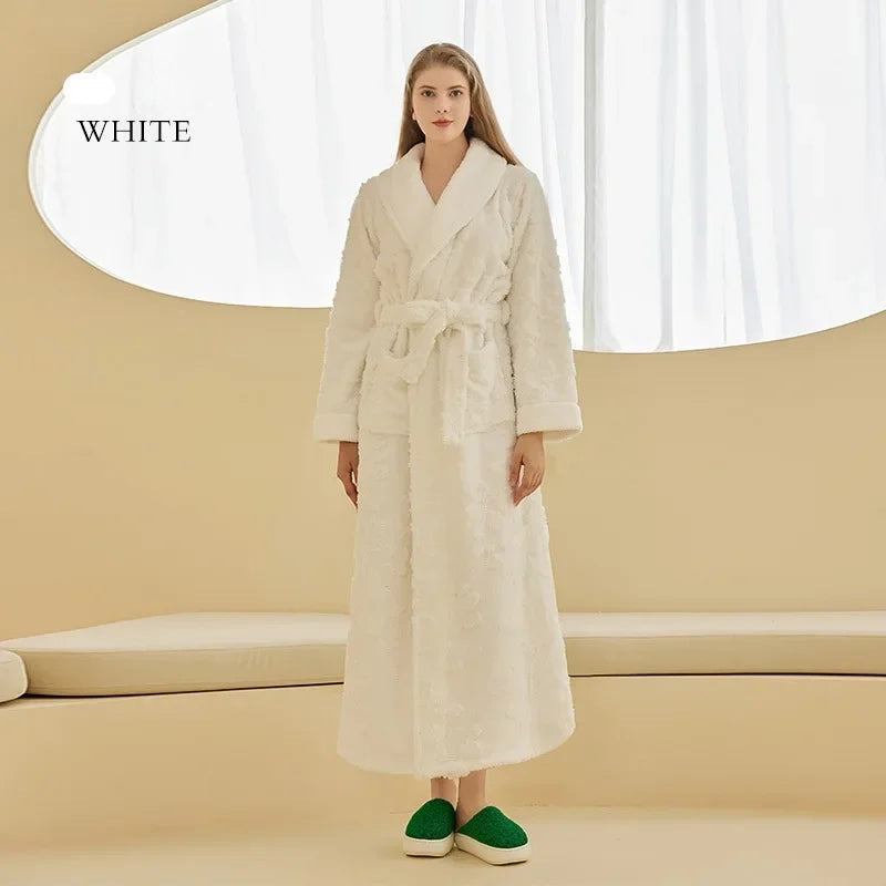 Winter Warm Coral Fleece Long Robe Couple Sleepwear Thick Flannel Jacquard Bathrobe Nightwear Loose Casual Homewear Lounge Wear