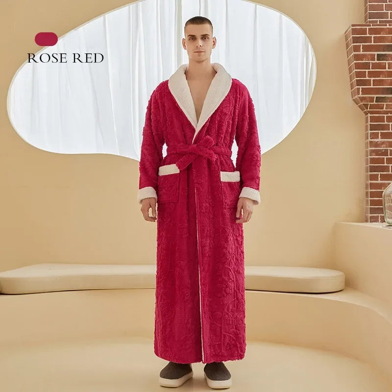 Winter Warm Coral Fleece Long Robe Couple Sleepwear Thick Flannel Jacquard Bathrobe Nightwear Loose Casual Homewear Lounge Wear