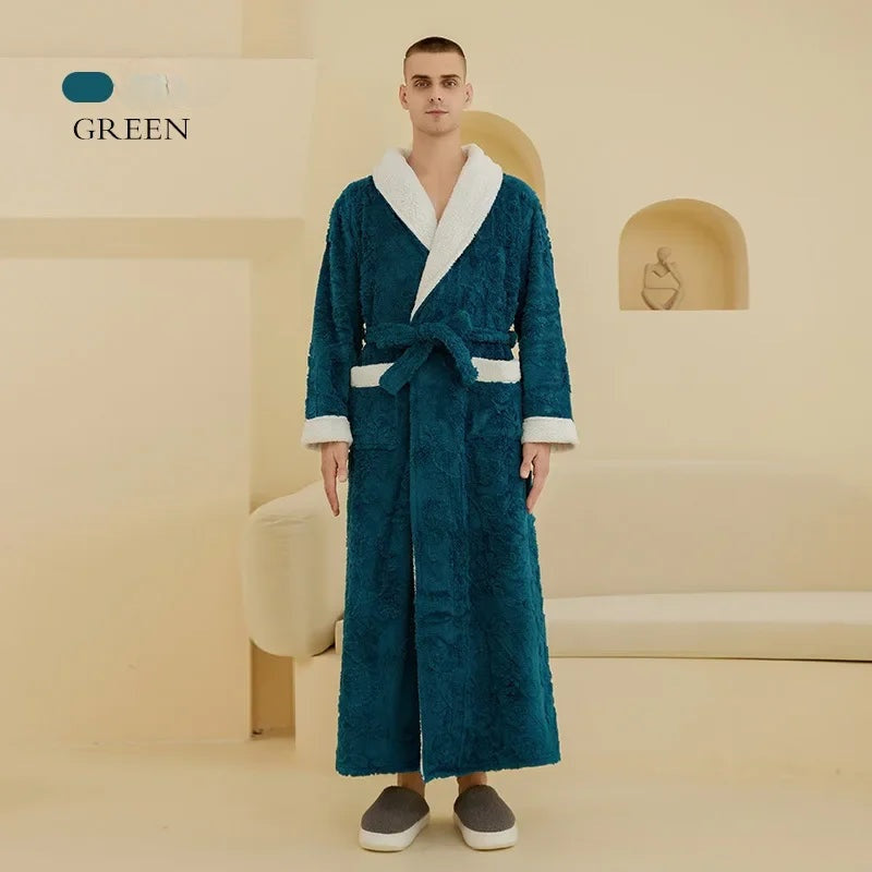 Winter Warm Coral Fleece Long Robe Couple Sleepwear Thick Flannel Jacquard Bathrobe Nightwear Loose Casual Homewear Lounge Wear