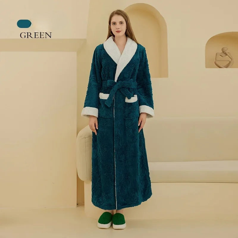 Winter Warm Coral Fleece Long Robe Couple Sleepwear Thick Flannel Jacquard Bathrobe Nightwear Loose Casual Homewear Lounge Wear