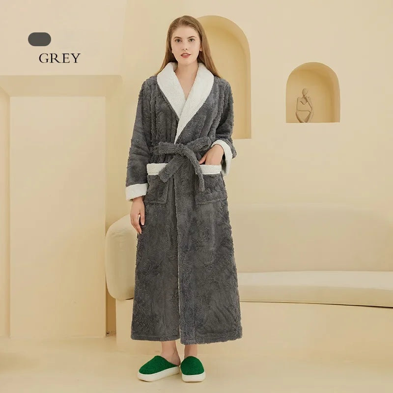 Winter Warm Coral Fleece Long Robe Couple Sleepwear Thick Flannel Jacquard Bathrobe Nightwear Loose Casual Homewear Lounge Wear