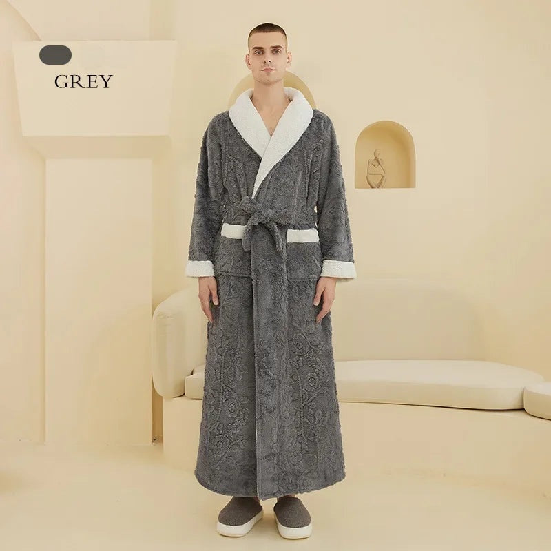 Winter Warm Coral Fleece Long Robe Couple Sleepwear Thick Flannel Jacquard Bathrobe Nightwear Loose Casual Homewear Lounge Wear