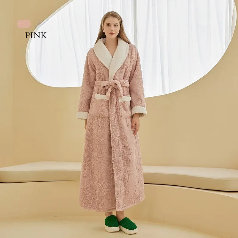 Winter Warm Coral Fleece Long Robe Couple Sleepwear Thick Flannel Jacquard Bathrobe Nightwear Loose Casual Homewear Lounge Wear