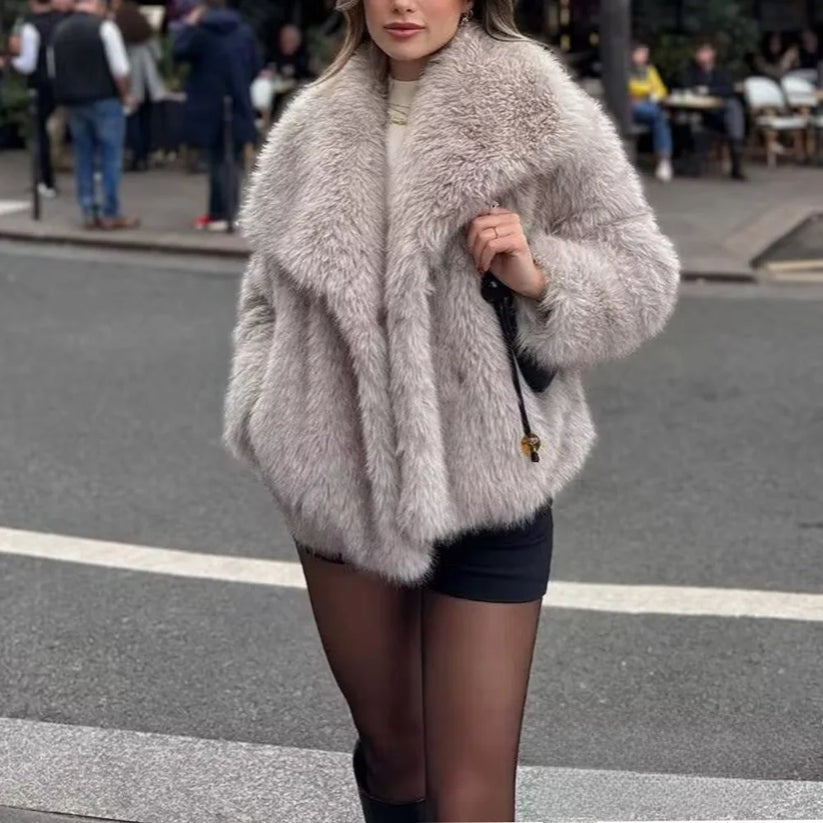 Women Fashion Winter Solid Big Lapel Coat Faux Fur Coat Jacket New 2025 Autumn Winter Slouchy Burgundy Black Gray Coat