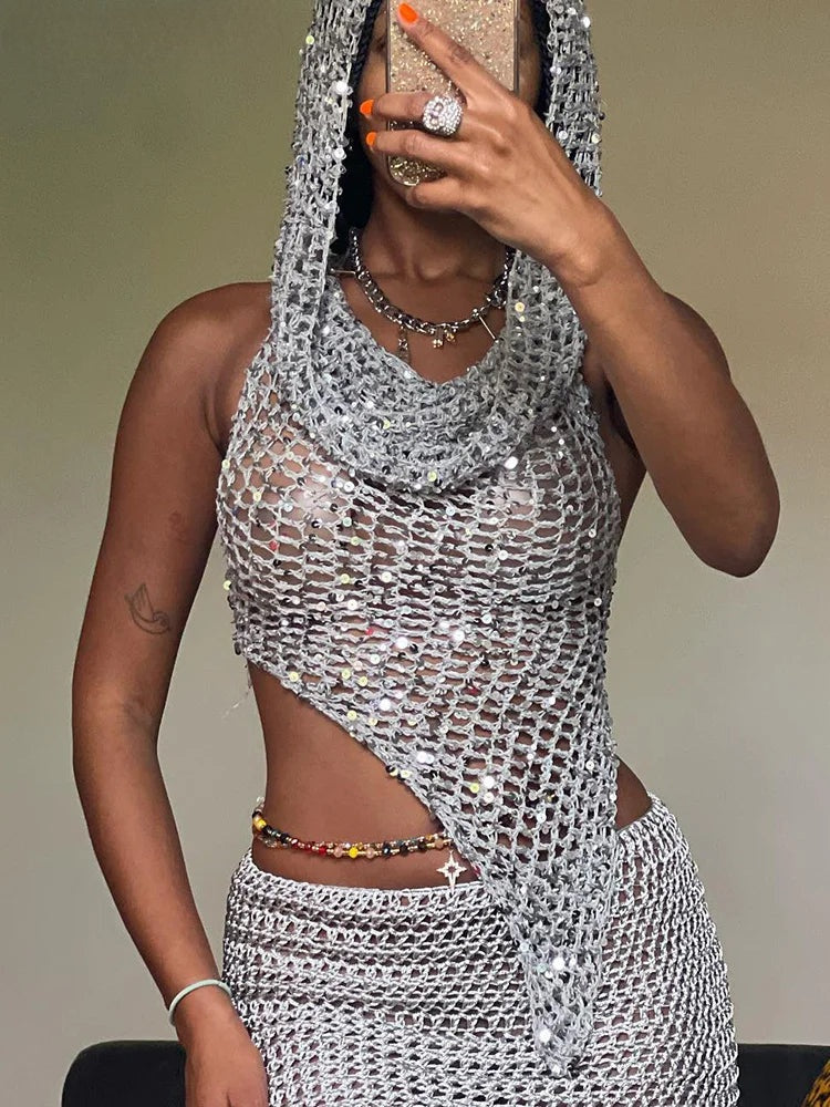 Weird Puss Sequins Women 2piece Set Sexy See Through Irregular Backless Hooded Tank Tops+Peach Hip Skirts Midnight Clubwear Suit