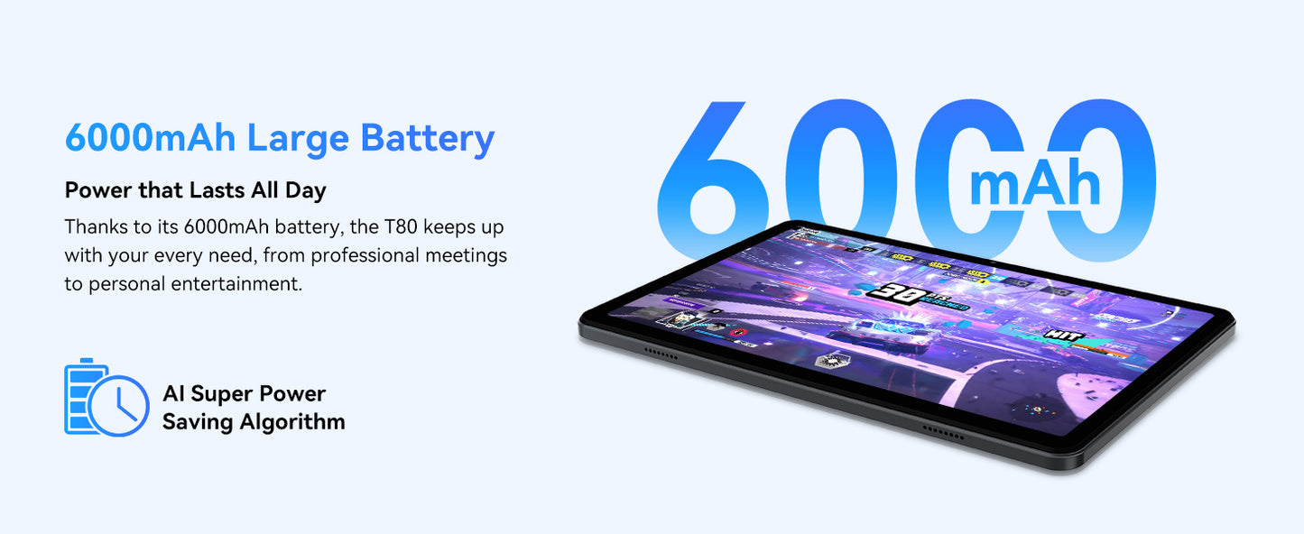 T80 Android 15 Tablet with Keyboard - 18 (6+12) GB RAM + 128GB ROM (2TB TF), 10-Inch Tablet, 6000mAh, 5MP + 2MP, Gemini AI, 5G Wi-Fi, GPS, Face ID