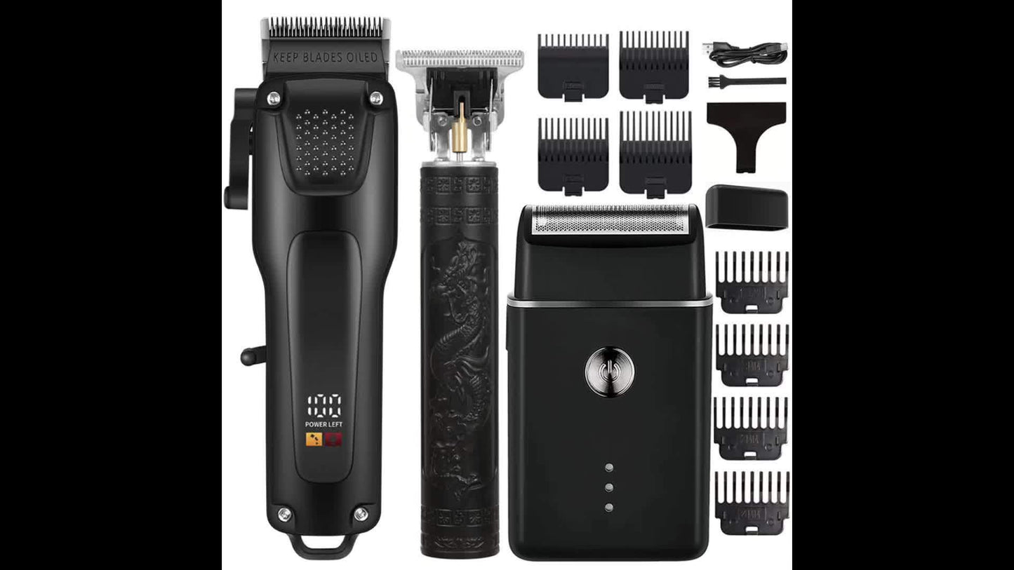 3 PCS Set Men's Professional Hair & Beard Grooming Kit - Cordless Clippers with LED Display, Precision Trimmer Set, USB Rechargeable, for Home Use, Perfect Holiday Gift