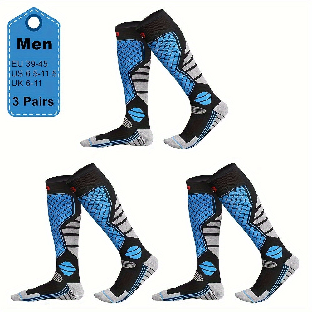 3 Pairs Men's Winter Thick Warm Breathable Hiking Ice Skating Skiing Knee-High Outdoor Sports Socks - EU 39-45, US 6.5-11.5, UK 6-11