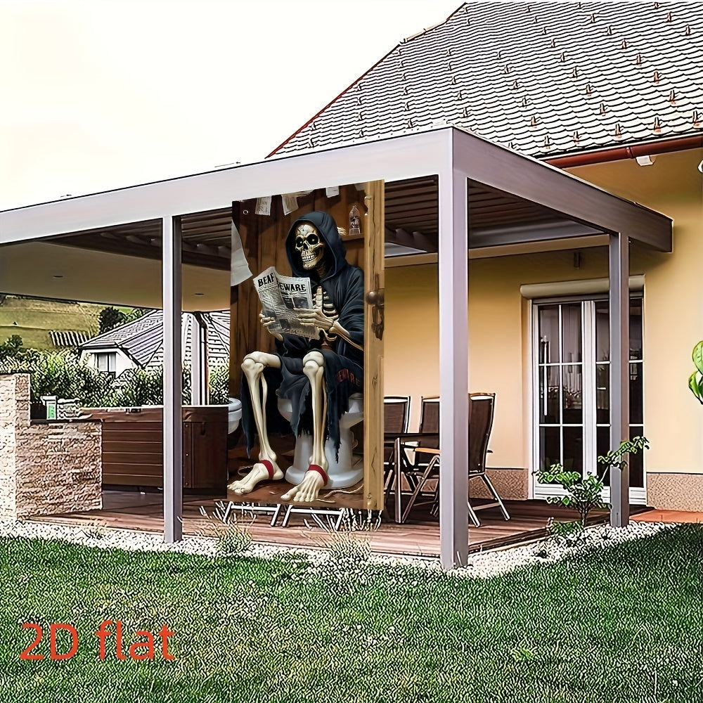 2D Door Banner Spooky Skeleton Reading Newspaper Halloween Door Banner - 89.92cm x 179.83cm Polyester Outdoor & Party Decoration with Sunflowers, Jack-O'-Lanterns, and "BEWARE" Sign, Perfect for Festive Celebrations, Hallowee