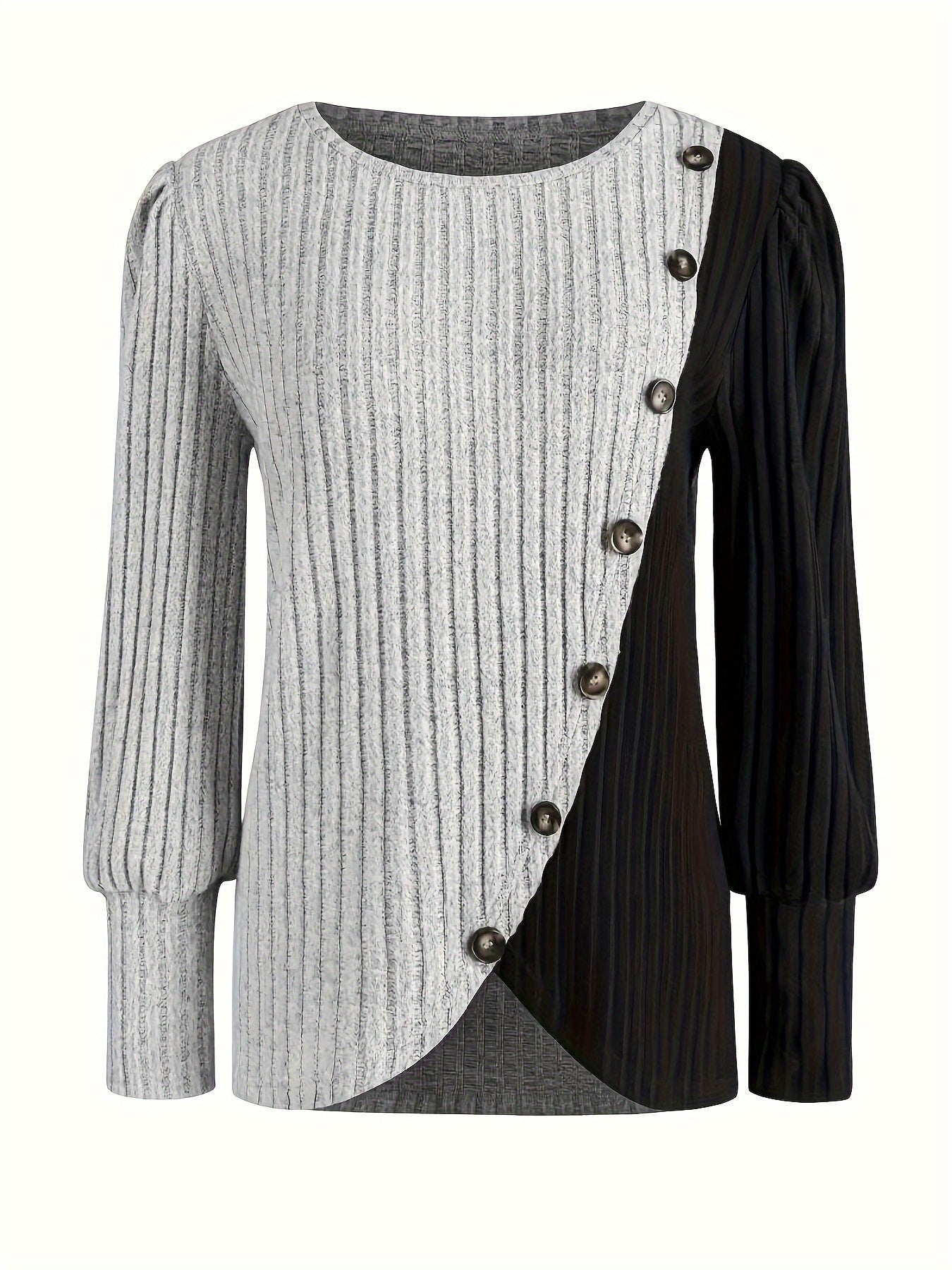 For Curvy Ladies L-3XL UK (16-24) Plus Size - New Autumn And Winter Collection of Solid Color Long-Sleeve Ribbed Button-Slit Oversized Women's Shirts, Elegant Tops