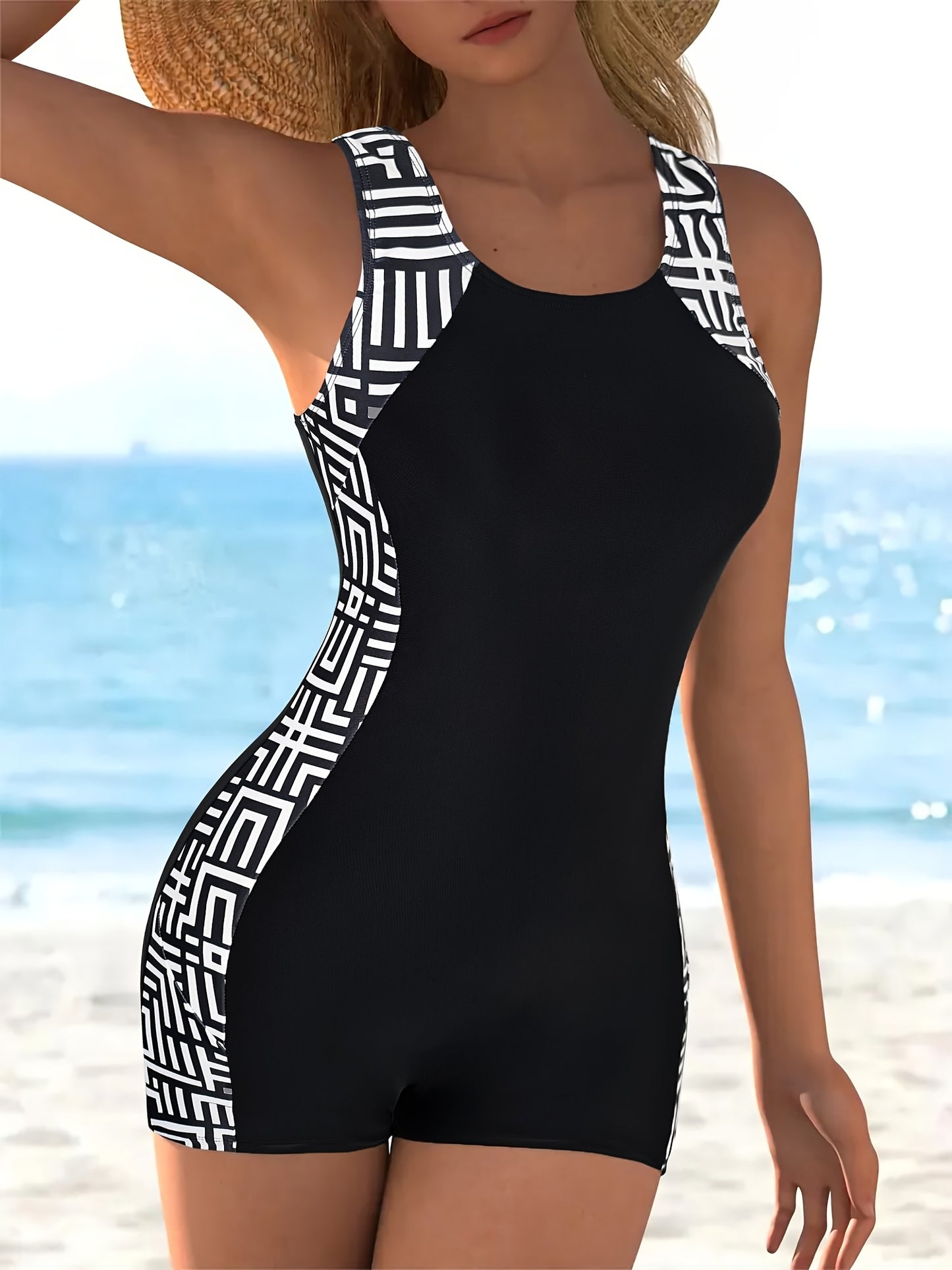 S-XL UK (8-18) Size Summer New Hot-Selling Poolside Sports Monokini Swimwear | Crew Neck, High Stretch, Random Print, One-Piece, QVR Women's Competitive Swimsuit