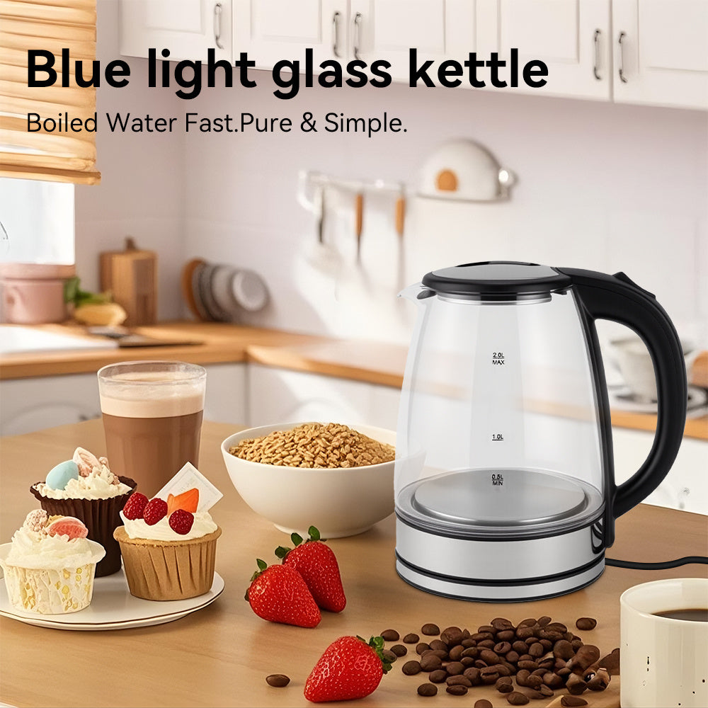 2L Electric Kettle Glass Fast Boil 1000W Teapot Blue LED With Stainless Steel Fast Boiling Auto Shut-off UK Plug