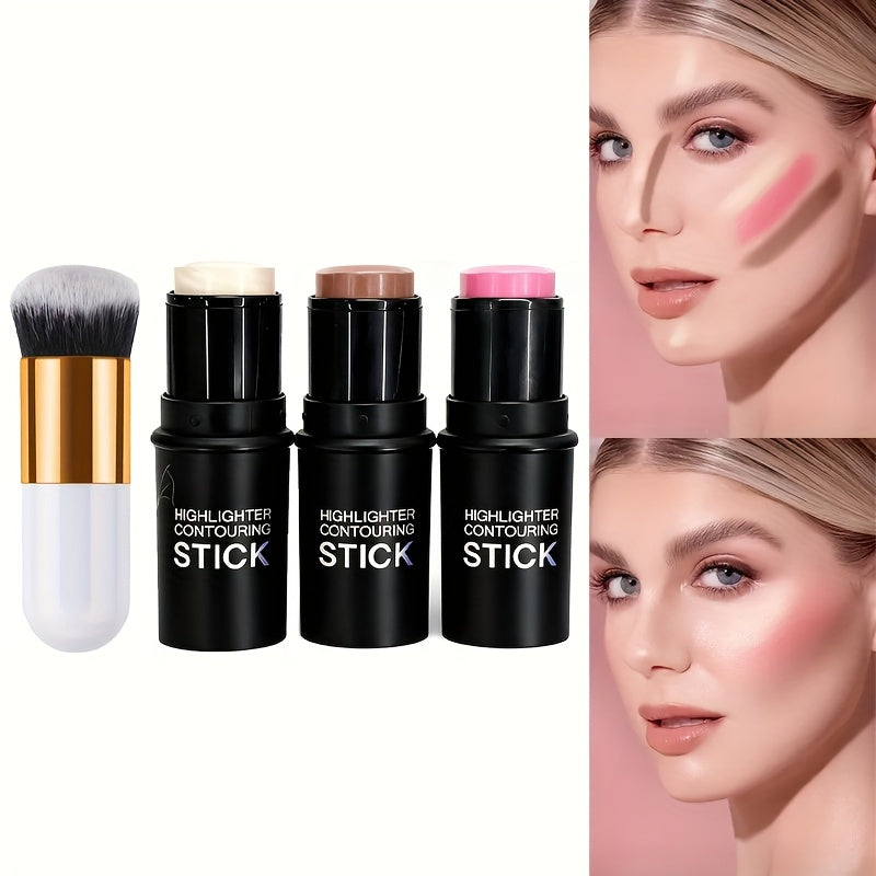 4 PCS Set Contour Stick with Highlighter, Blush, Bronzer & Golden Powder Brush - Waterproof Cream for All Skin Tones, Buildable Coverage, Sculpting & Highlighting for Face - European Formula