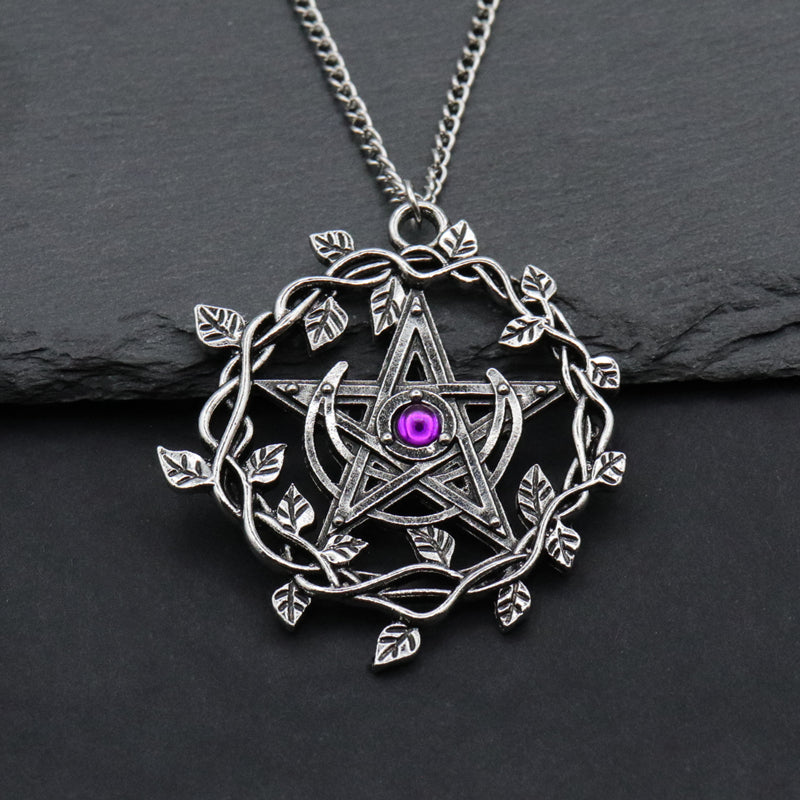 Vintage Pentagram Leaf Mosaic Purple Gemstone Pendant Necklace Women Fashion Wedding Party Gothic Jewelry Gifts