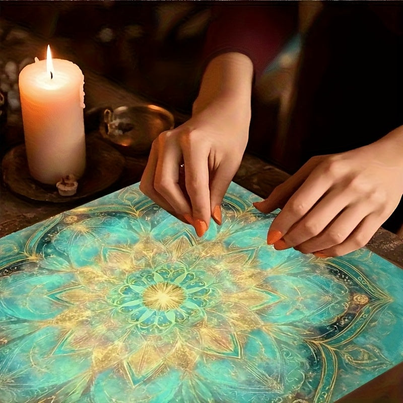 1pc Tarot Tablecloth - Mystical Mandala Altar Cloth with Turquoise and Golden Patterns, Durable Polyester Material, Suitable for Tarot Reading, Séance Parties, Meditation - Easy-to-Clean Spiritual Decor, Witchcraft Rituals,