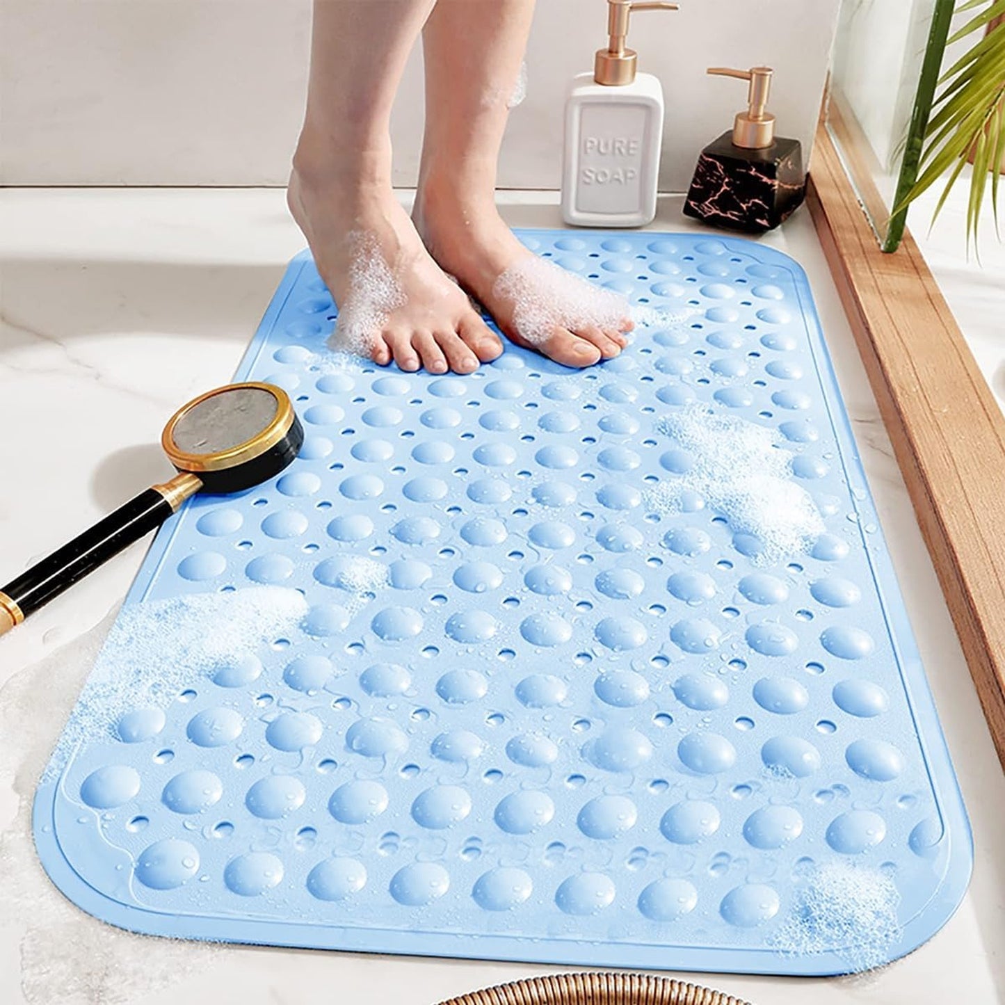 Large Shower Mat – Light Blue/Crystal/White Color Non-Slip, Strong Suction Cups & Drain Holes, Quick-Dry, Machine Washable, Durable & Comfortable for Bathtub and Bathroom Floor Use