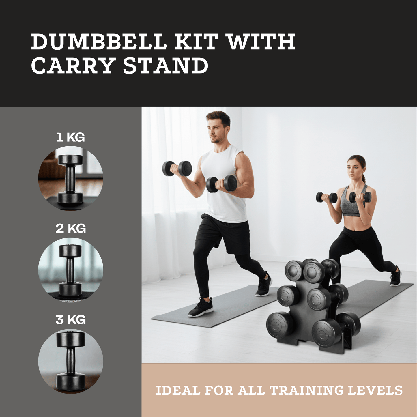 Home Gym for Women Men Dumbbell Set with Carry Rack - Hand Weights - 1kg, 2kg, 3kg Tree Set for Home Workout, Strength Training & Fitness – Durable, Easy to Use Sports Accessories