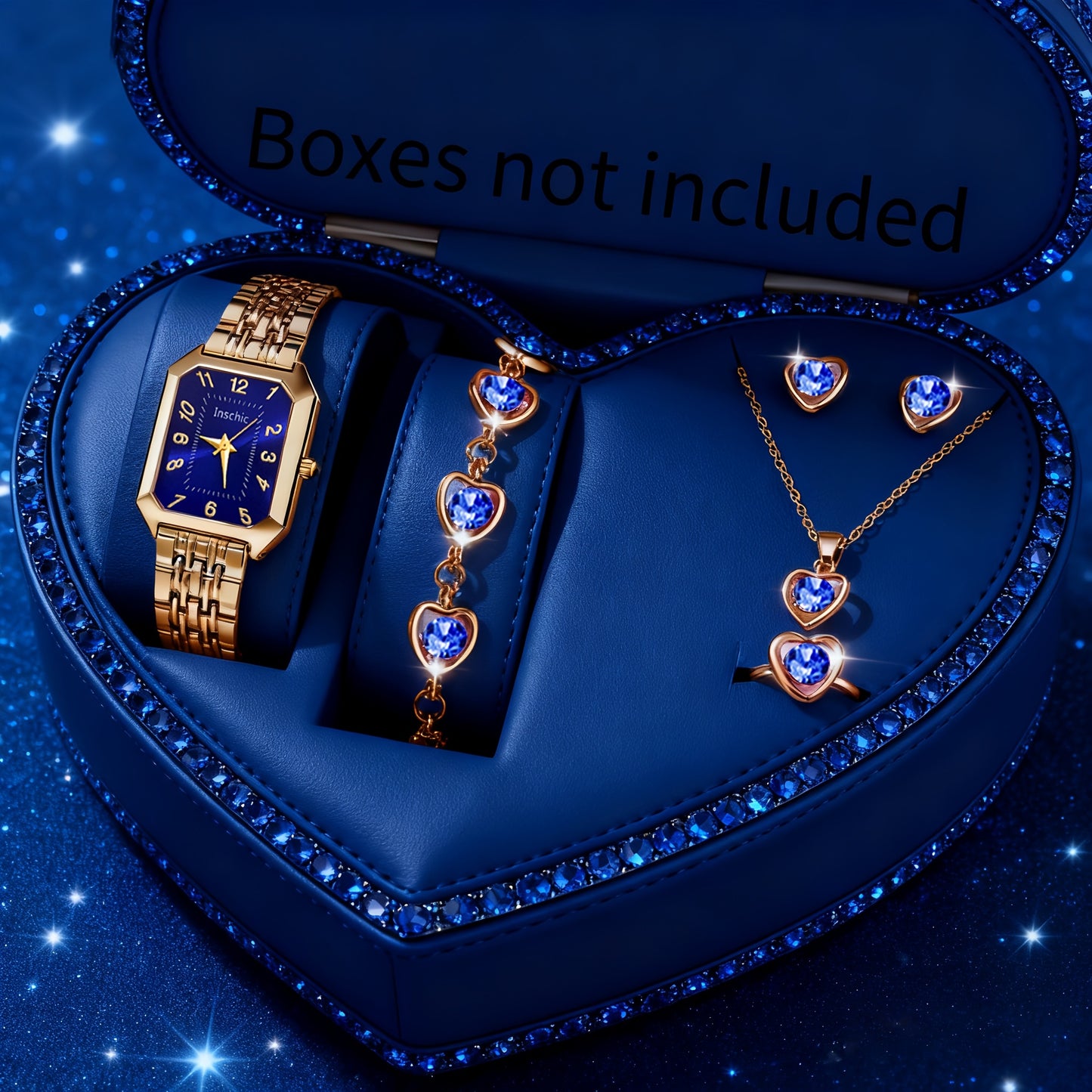 6pcs SHAARMS Women'S Elegant Square Quartz Watch Set with Heart Pendant - Luxury & Golden-Tone Dial, Square Case, Dial & Band, Non-Rechargeable Battery