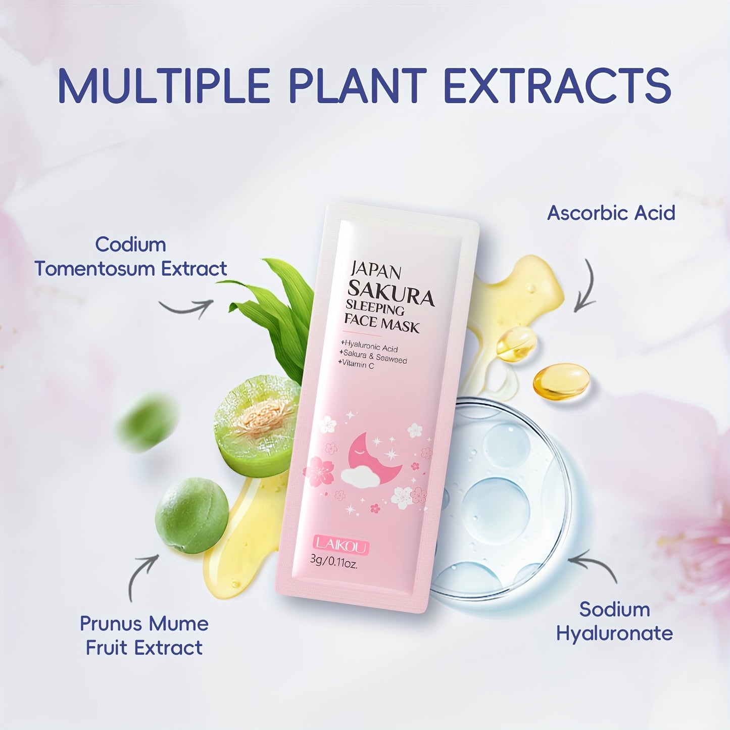 15PCS Set Japanese Sakura Facial Cleansing & Moisturizing with 5pcs Sleeping Mask, 5pcs Lip Mask, 50g Facial Wash, 80g Facial Scrub, Cute Hairband & Cleansing Brush, Gently Clean Skin, Free Gift Of Aloe Vera Foundation, Full