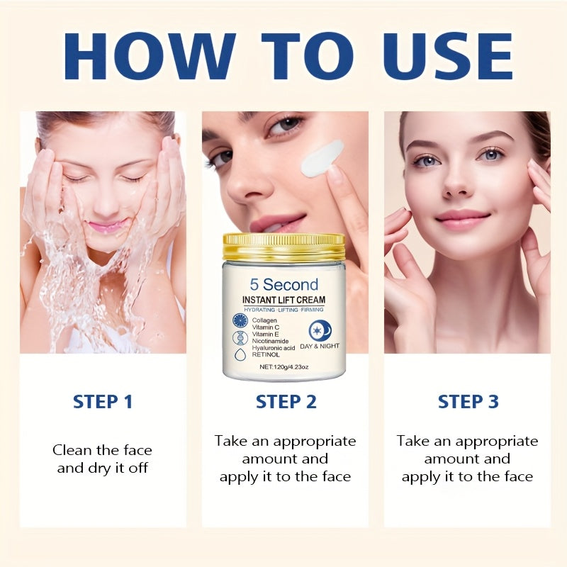 120g Large Capacity 5-Second Instant Lift Cream: Collagen + Retinol Strong Combination, Rich in Hyaluronic Acid and Vitamin C – Quick Hydration & Nutrient Boost for Demanding Ladies
