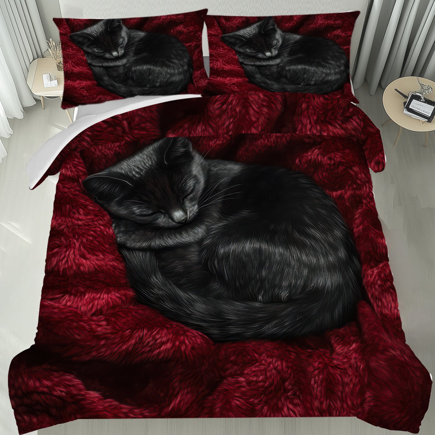 2/ 3 PCS Set Black Cat Red Duvet Cover Set, 1 Duvet Cover & 2 Pillowcases, Black Cat Red Design Bedding Set, Machine Washable, Soft and Comfortable Bed Cover Set for Bedroom