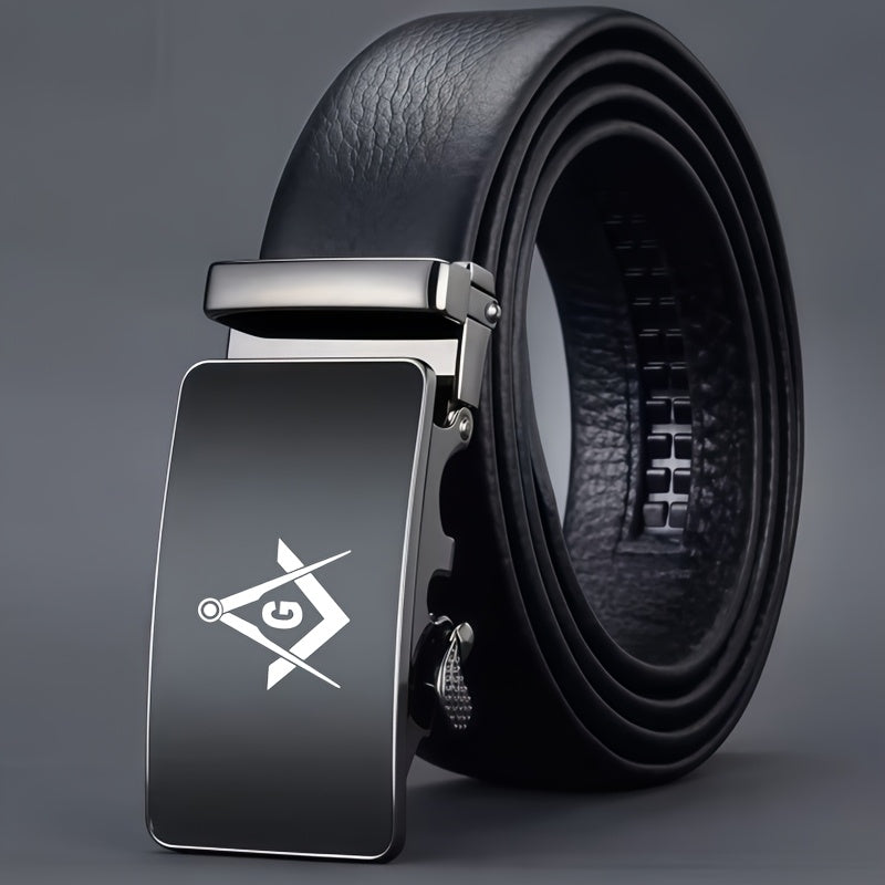 Freemason G-Inspired Pattern Men's Business Leather Belt, Fashionable Automatic Buckle for Secure and Effortless Wear, A Must-Have for Gentlemen, Suitable for Commuting and Travel, High Quality Belt