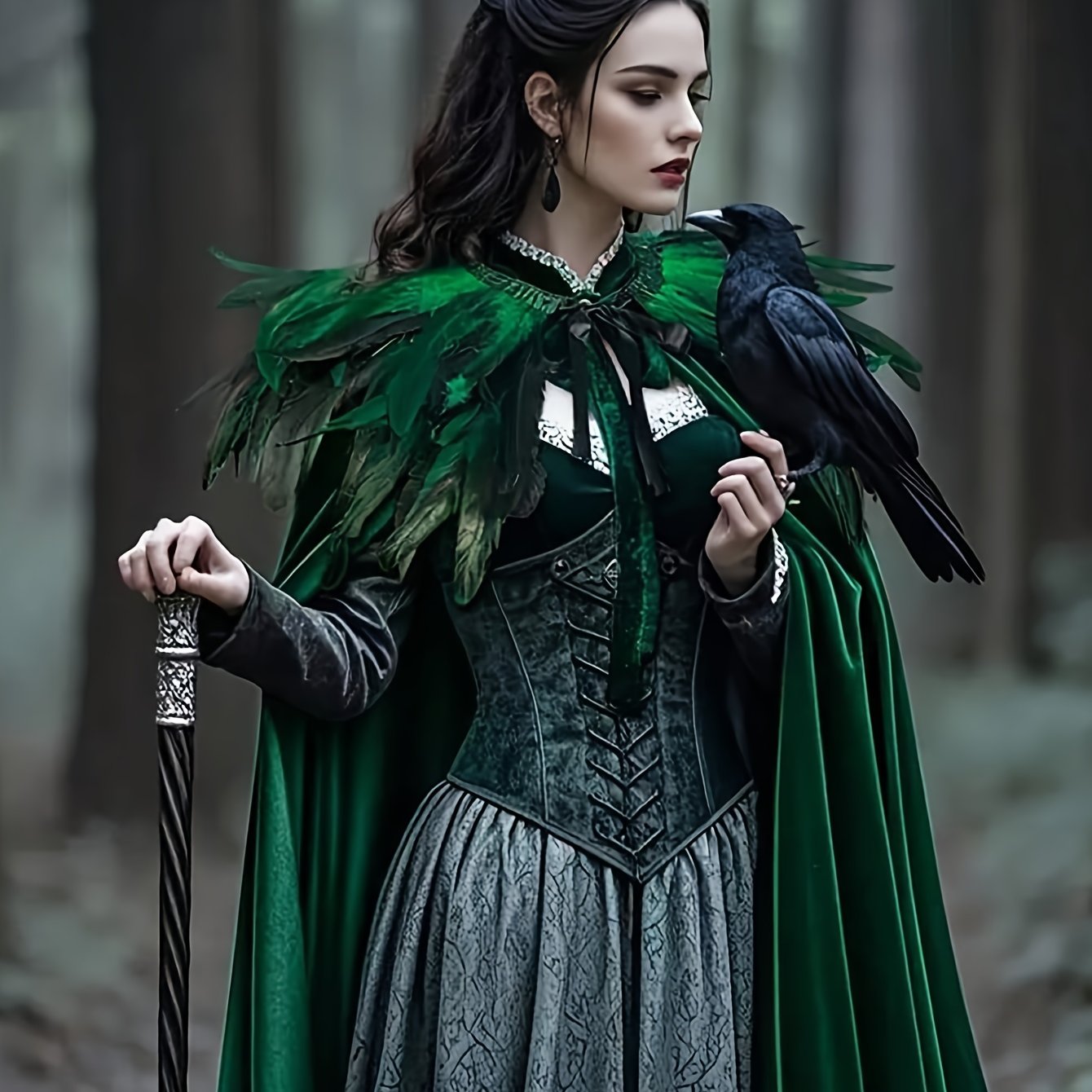 2 PCS Set Gothic Witch Robe & Cape Set - Long Sleeve, Green &, Perfect for Halloween & Carnival Costumes, Stage Props, Fall/Winter Wear, Vintage Style | Knotted Detailing, Witchcraft Clothing Supplies
