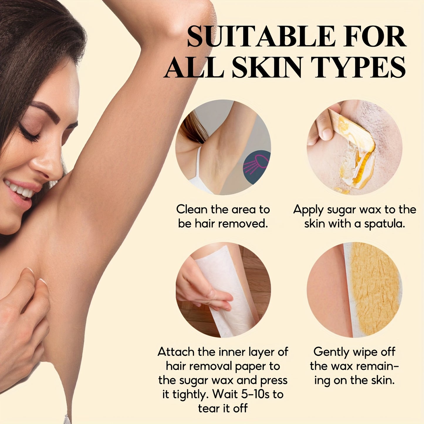 150G/5.29Oz Sugar Wax Hair Removal Kit (Five Wax Strips + Three Wooden Sticks), Features a Gentle And Non-Irritating Formula, Effectively Removes Hair Without Residue, Suitable for The Entire Body, Compatible with Various Hai