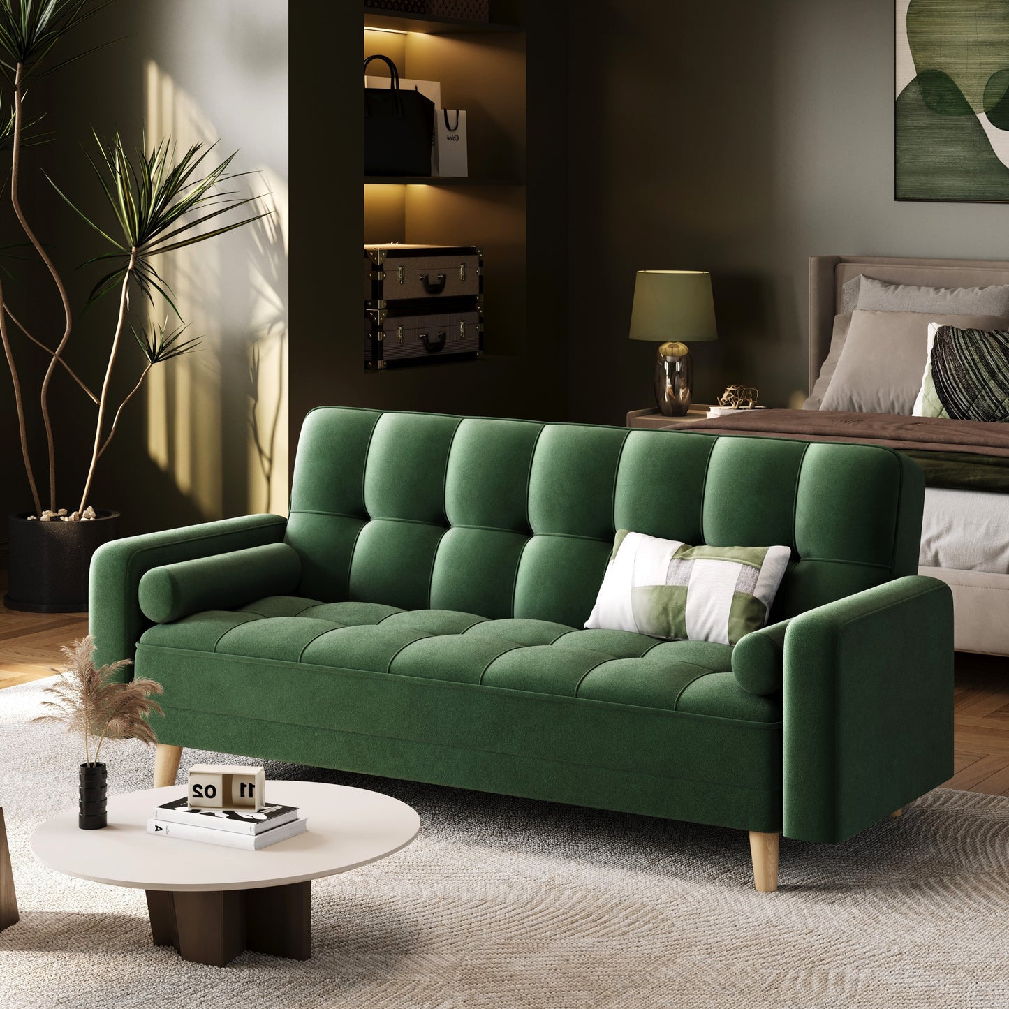 Office Living Room Convertible Sofa Bed, Sofa Bed Velvet Convertible Sofa Bed 3 Seater Futon Sofa Bed with 2 Bolster Pillows and 3 Adjustable Back Angles for Apartments, Dens, Guest Rooms, Spare Rooms, Offices, and Lounges, M