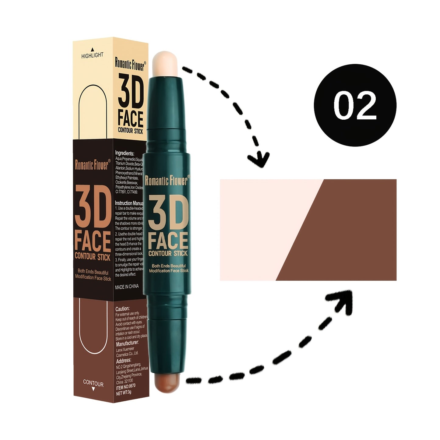 Double Head Contour Stick, Highlights & Contour & Concealer 3D Face Waterproof Long Lasting Makeup with Plant Squalane Women Make-Up Accessories Cosmetic Supplies