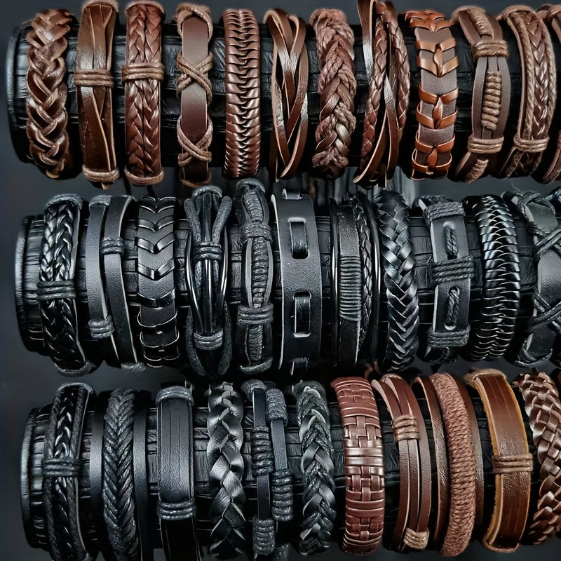 20pcs Handwoven PU Leather Bracelet Set Suitable for Men - Adjustable Retro Bracelets, Handmade for - Wear, Christmas/Halloween/Thanksgiving Gifts (20 Bracelets for Parties, Daily Use & Gifting)