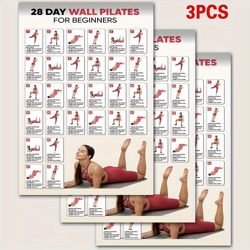 3 PCS Set Home Gym Pilates for Beginners: 28-Day Workout Planner with Step-by-Step Illustrated Exercises - Frameless Yoga Guide Suitable for Home Gym, Studio, Bedroom - Detailed Pilates Routines & Progress Tracker for New Cli