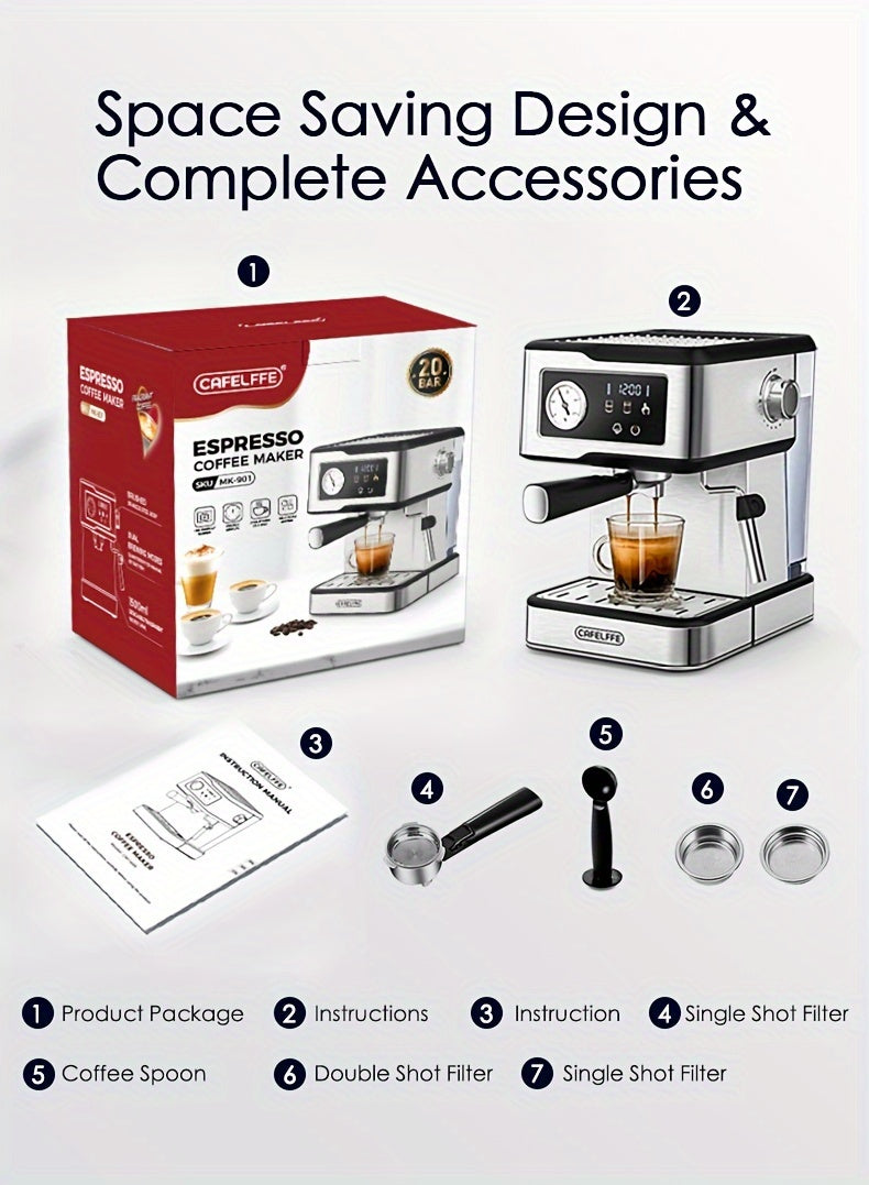 Italian Semi-Automatic Espresso Machine with Built-in Milk Frother & Steam Wand, 20 Bar Pump Stainless Steel Coffee Maker for Latte, Cappuccino, Americano, 1.5L Detachable Water Tank, Smart Touch Panel, Programmable Settings,