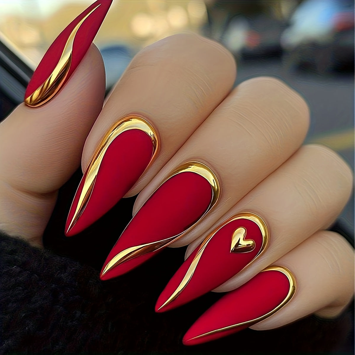 24 PCS Set Red Matte Almond Press-on Nails with Golden Accents & 3D Heart Detail | Perfect for Valentine's Day & Party Looks, Easy to Apply &, ABS Material