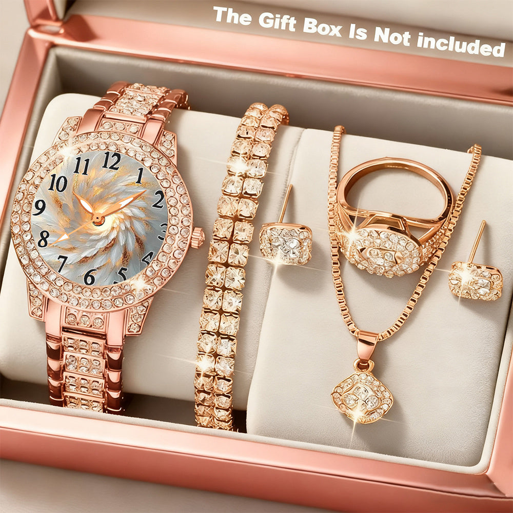 NEW 6 PCS Set Minimalist Quartz Watch & Gift Set - Stainless Shockproof Wristwatch with Matching Necklace, Earrings, Bracelet & Ring - Elegant Digital for Birthdays,, Graduations - Luxury Matching