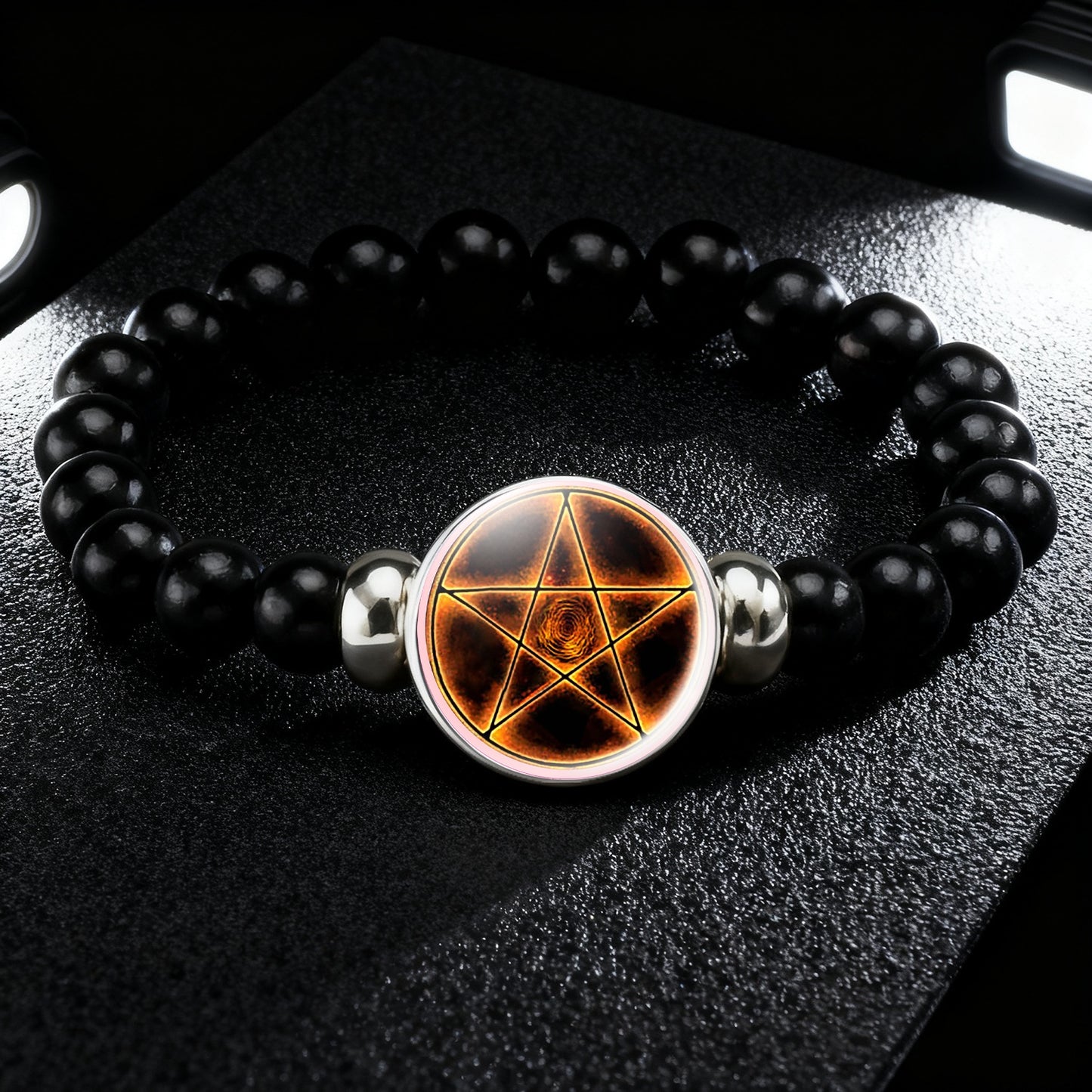 A Packaged Item (Teenager's Classic Style Black Plastic Bead And Chain Bracelet), Featuring a Unique Design with a Mysterious Pentagram Pattern Surrounded by Golden Light And Spiral Textures